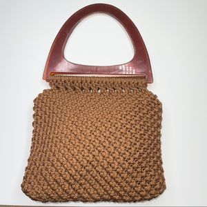 Vintage Hand Made Macrame Brown D Handle Bag 70'